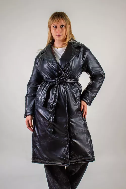 Стеганое теплое пальто из экокожи, арт.355