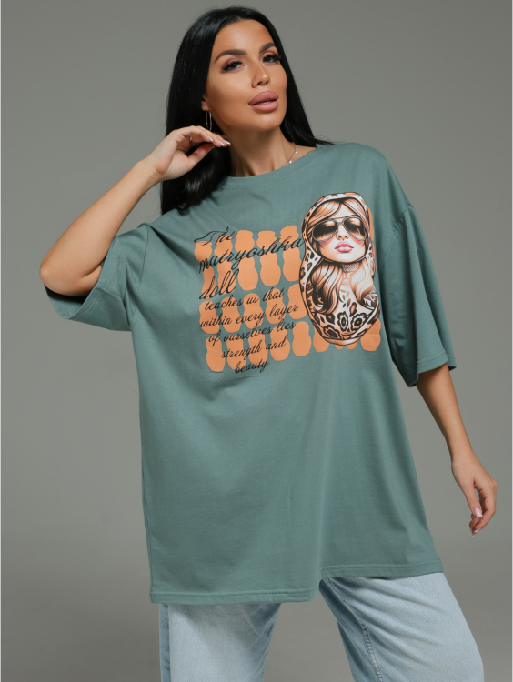 Амина футболка женская (зеленый матрешка)